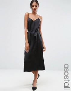 Атласное платье-комбинация миди с завязкой на талии ASOS TALL - Черный