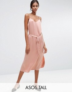 Атласное платье-комбинация миди с поясом ASOS TALL - Розовый