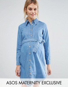 Джинсовое платье-рубашка для беременных с поясом ASOS Maternity - Синий