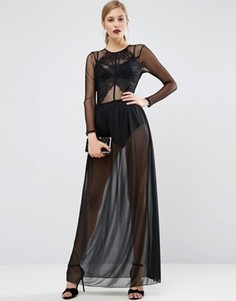 Платье макси из сеточки с кружевной отделкой лифа ASOS - Черный
