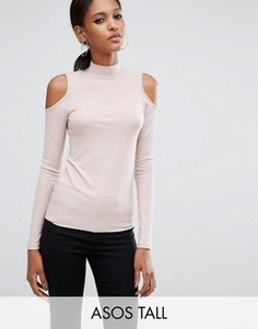 Топ в рубчик с вырезами на плечах и высокой горловиной ASOS TALL - Розовый