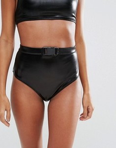 Блестящие плавки бикини с завышенной талией и пряжкой ASOS - Черный