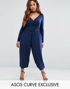 Комбинезон с запахом и укороченными широкими штанинами ASOS CURVE - Темно-синий