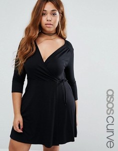 Короткое приталенное платье с запахом и рукавами 3/4 ASOS CURVE - Черный