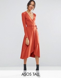 Чайное платье миди с длинными рукавами и запахом ASOS TALL - Оранжевый