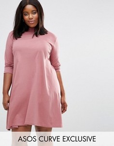 Свободное платье с высоким воротом и рукавами 3/4 ASOS CURVE - Розовый