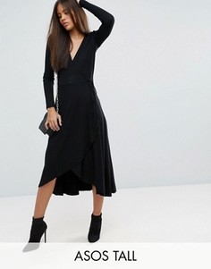 Чайное платье миди с длинными рукавами и запахом ASOS TALL - Черный