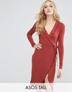 Платье в рубчик с запахом и оборкой ASOS TALL - Оранжевый