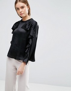 Атласный трикотажный топ с оборками ASOS - Черный