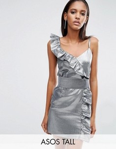 Серебристое платье мини в стиле 80-х с рюшами ASOS TALL NIGHT - Серебряный