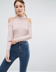 Трикотажный джемпер в рубчик с открытыми плечами New Look - Розовый