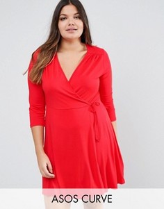 Короткое приталенное платье с запахом и рукавами 3/4 ASOS CURVE - Коричневый