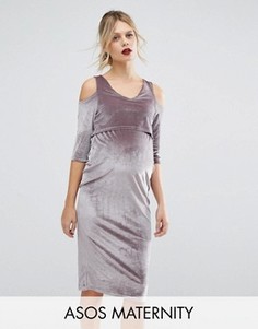 Бархатное платье для беременных с вырезами на плечах ASOS Maternity - Бежевый