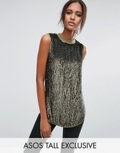 Длинный топ без рукавов с отделкой пайетками ASOS TALL - Зеленый
