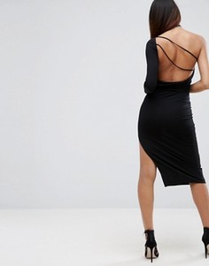 Платье миди на одно плечо с драпированным вырезом на спине ASOS - Черный