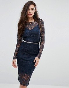 Кружевное облегающее платье с длинными рукавами и завязывающимся поясом Bodyfrock - Темно-синий