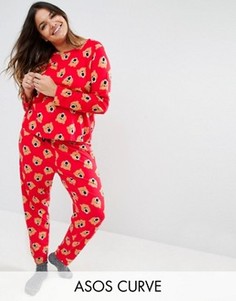 Пижамный комплект из лонгслива и штанов с принтом медведя ASOS CURVE - Красный