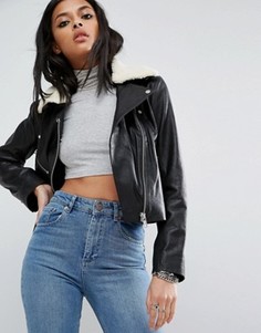 Байкерская кожаная куртка со съемным воротником из искусственного меха ASOS - Черный