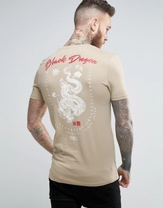 Длинная обтягивающая футболка с принтом дракона на спине ASOS - Бежевый