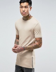 Бежевая удлиненная футболка с молниями ASOS - Бежевый