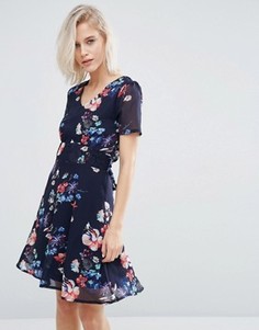 Чайное платье с цветочным принтом Yumi - Темно-синий