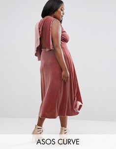 Бархатное платье миди с открытой спиной и отделкой металлик ASOS CURVE - Красный