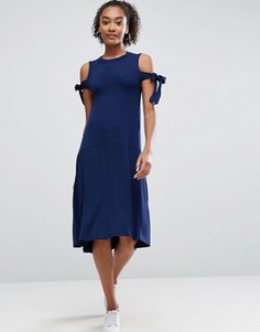 Платье миди с отрезным подолом завязками на плечах ASOS - Темно-синий