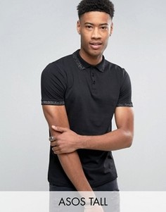 Футболка-поло с отделкой на воротнике цвета металлик ASOS TALL - Черный