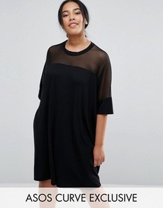Платье-футболка с сетчатой кокеткой ASOS CURVE - Черный