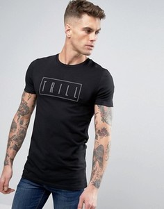 Длинная обтягивающая футболка с принтом ASOS - Черный