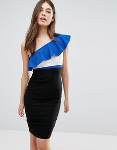 Платье-футляр на одно плечо с контрастной оборкой Vesper - Синий