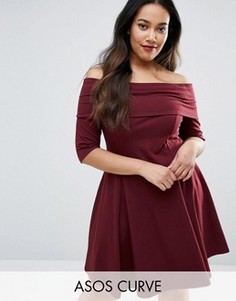 Приталенное платье мини с вырезом лодочкой и рукавами 3/4 ASOS CURVE - Красный