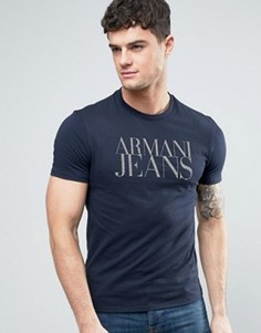 Темно-синяя футболка классического кроя с логотипом Armani Jeans - Темно-синий