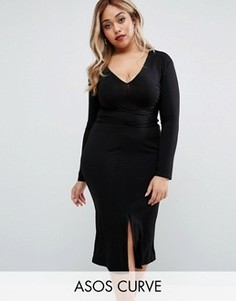Платье миди с запахом на завязке и глубоким вырезом ASOS CURVE - Черный
