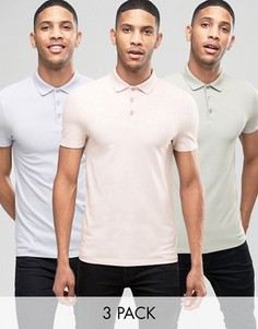 3 обтягивающих футболки-поло из пике (розовый/зеленый/голубой) ASOS - СКИДКА - Мульти