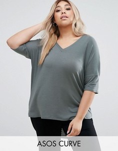 Oversize-футболка в рубчик с асимметричной кромкой ASOS CURVE - Зеленый