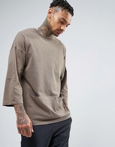 Oversize-футболка с рукавами 3/4 и карманами ASOS - Коричневый
