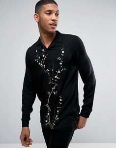Вискозная рубашка классического кроя с цветочной вышивкой ASOS - Черный