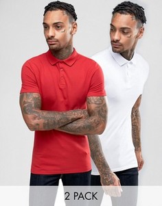 Набор из 2 обтягивающих футболок-поло белого и красного цвета ASOS, СКИДКА - Мульти