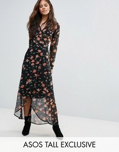 Платье макси с открытой спиной и цветочным принтом ASOS TALL - Синий