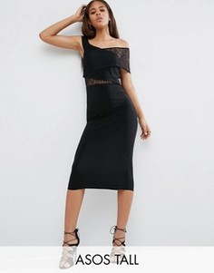 Платье миди с открытыми плечами и кружевной вставкой ASOS TALL - Черный