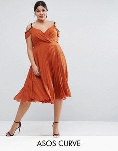 Приталенное платье миди с кружевной отделкой и плиссировкой ASOS CURVE - Оранжевый