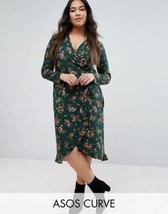 Зеленое чайное платье с запахом, цветочным принтом и оборкой ASOS CURVE - Мульти