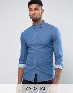 Приталенная джинсовая рубашка с выбеленным эффектом ASOS TALL - Синий