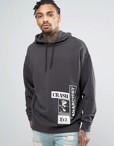 Выбеленное черное oversize-худи с принтом ASOS - Черный