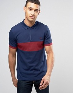 Темно-синее узкое поло из пике со вставкой на груди и молнией Fred Perry - Темно-синий