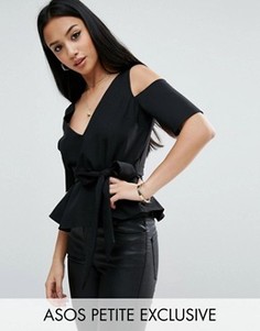Топ с вырезами на плечах и поясом спереди ASOS PETITE - Черный