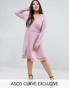 Короткое приталенное платье с запахом и кружевным подолом ASOS CURVE - Фиолетовый