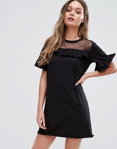Платье-футболка с сеткой и оборками Boohoo - Черный