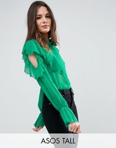 Блузка с рюшами на рукавах и завязкой ASOS TALL - Зеленый